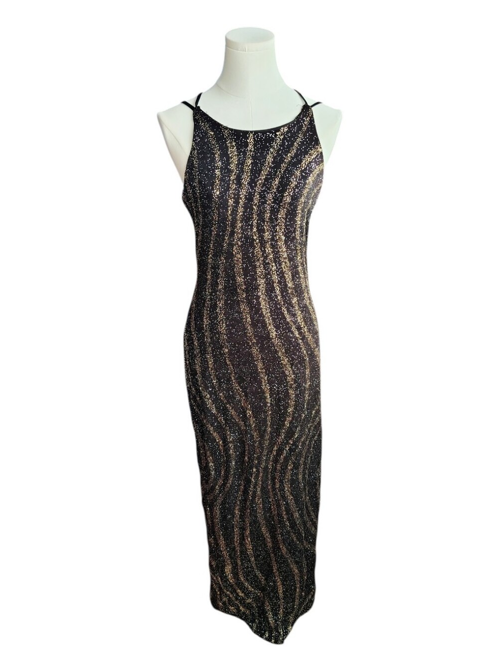 Jody Body Slimming Black & Gold Glittery Gold Backless Formal Prom Dress Size 12